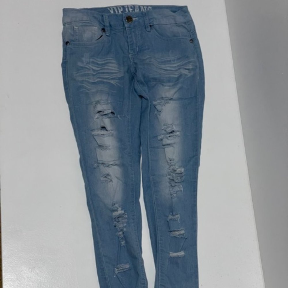 V.I.P. Distressed Skinny Ripped Low Rise Jeans 0